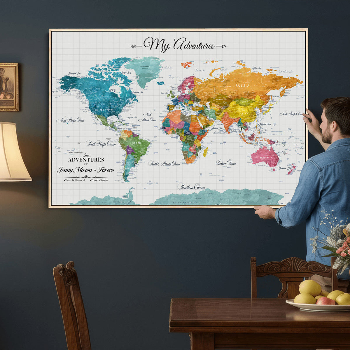66743043-MGV-CV-36X24 - Extra Large Framed Personalize Push Pin World Map Wall Art Canvas Print for Travel Tracking - NEWMAP-131