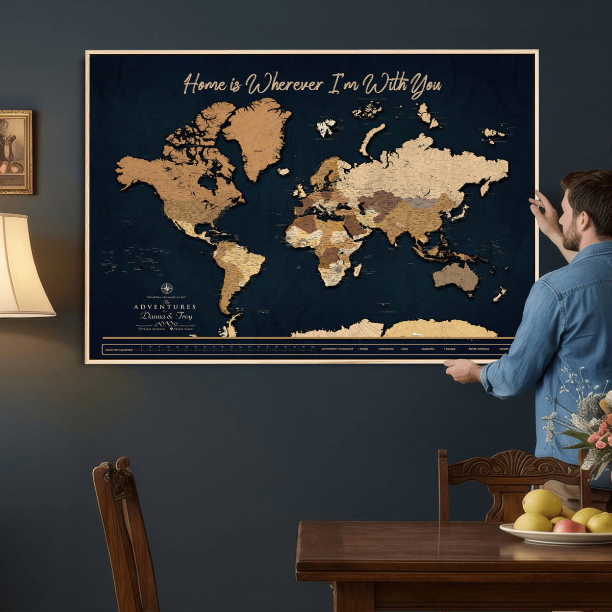 13903533-MGV-CV-36X24 - Extra Large Framed Personalize Push Pin World Map Wall Art Canvas Print for Travel Tracking - NEWMAP-152