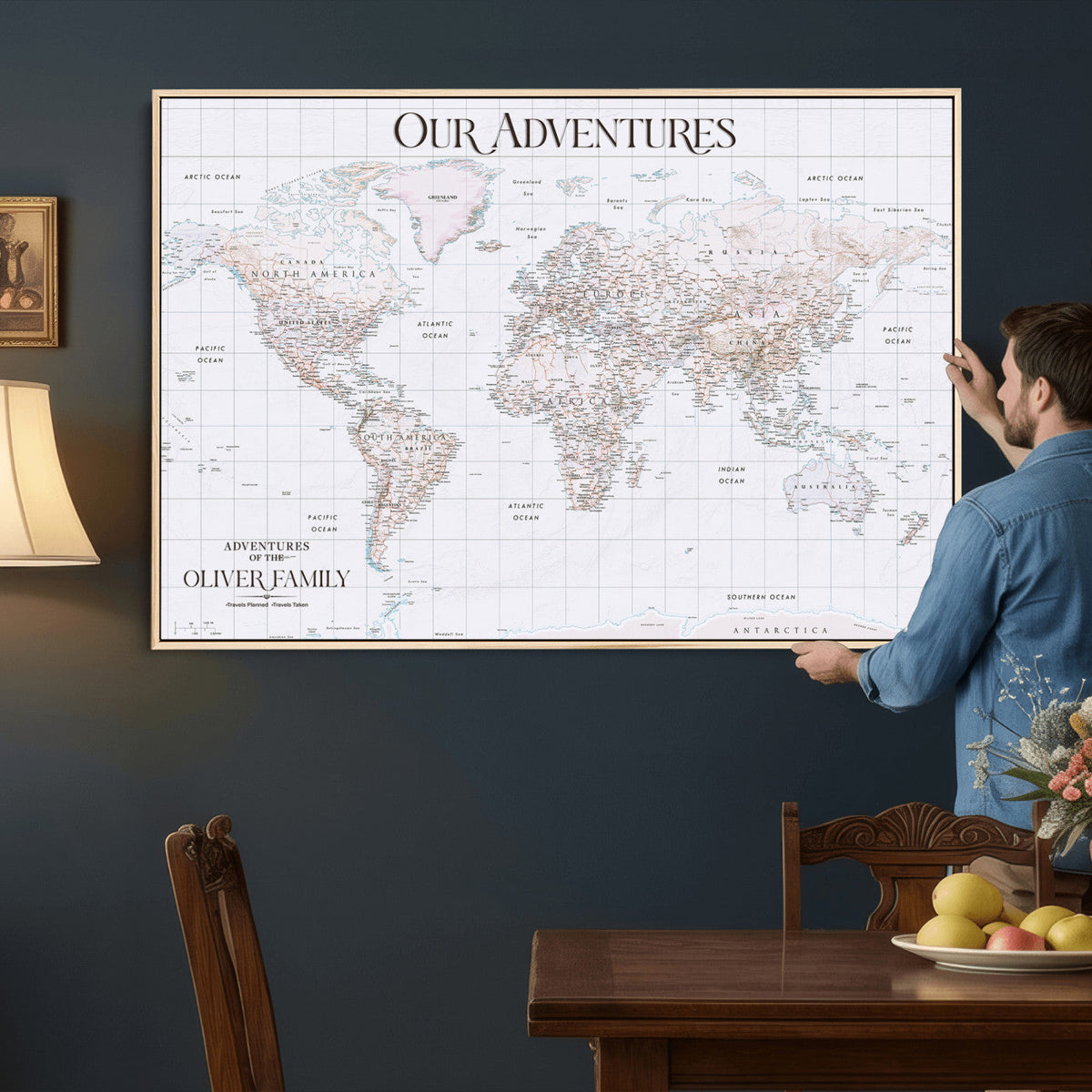 18074626D3DD-MGV-CV-36X24 - Extra Large Framed Personalized Push Pin World Map Wall Art Canvas Print for Travel Tracking