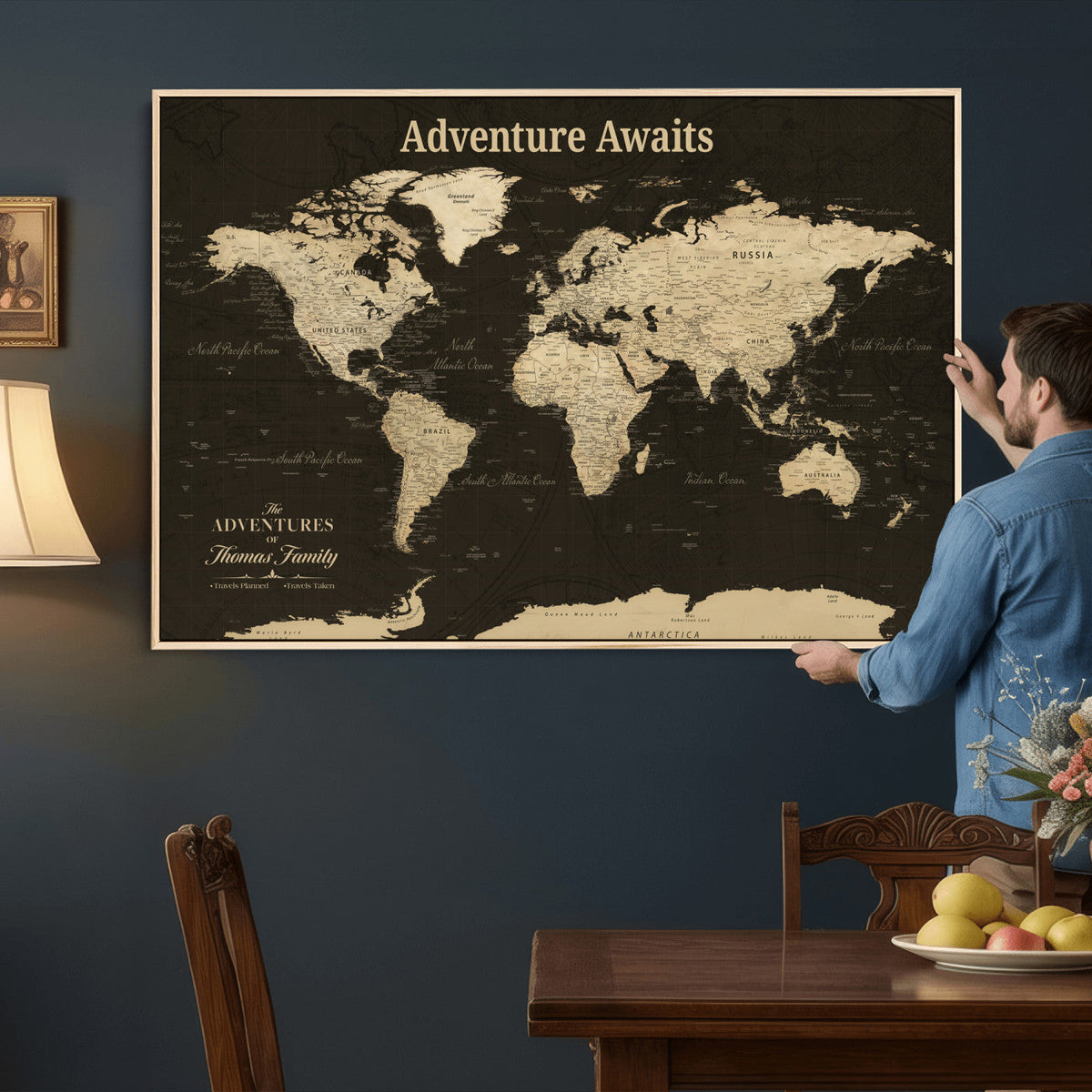 Custom Beige Modern World Travel Map Wall Art with Pins, Family Travel Tracker, Dining Room and Entryway Decor