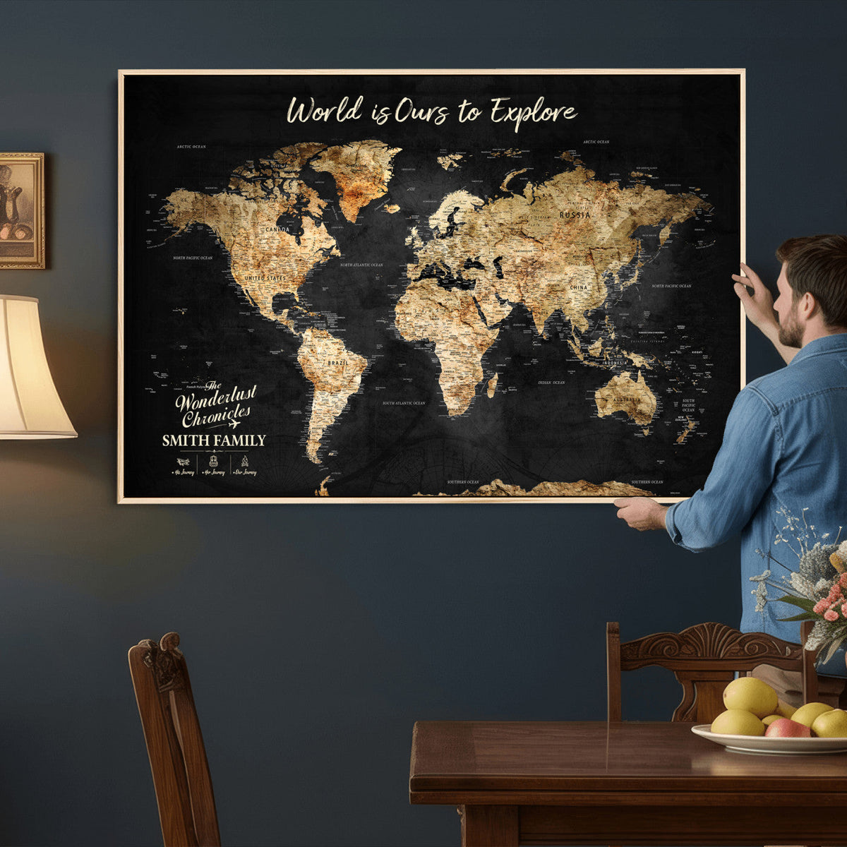 Personalized Beige Push Pin Travel Map Canvas Print, Family Travel Tracker, Bedroom and Entryway Decor