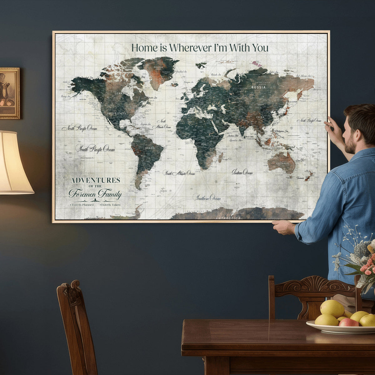 Personalized Framed Beige Push Pin Travel Map Canvas Print, Family Travel Tracker, Home Office and Hallway Decor