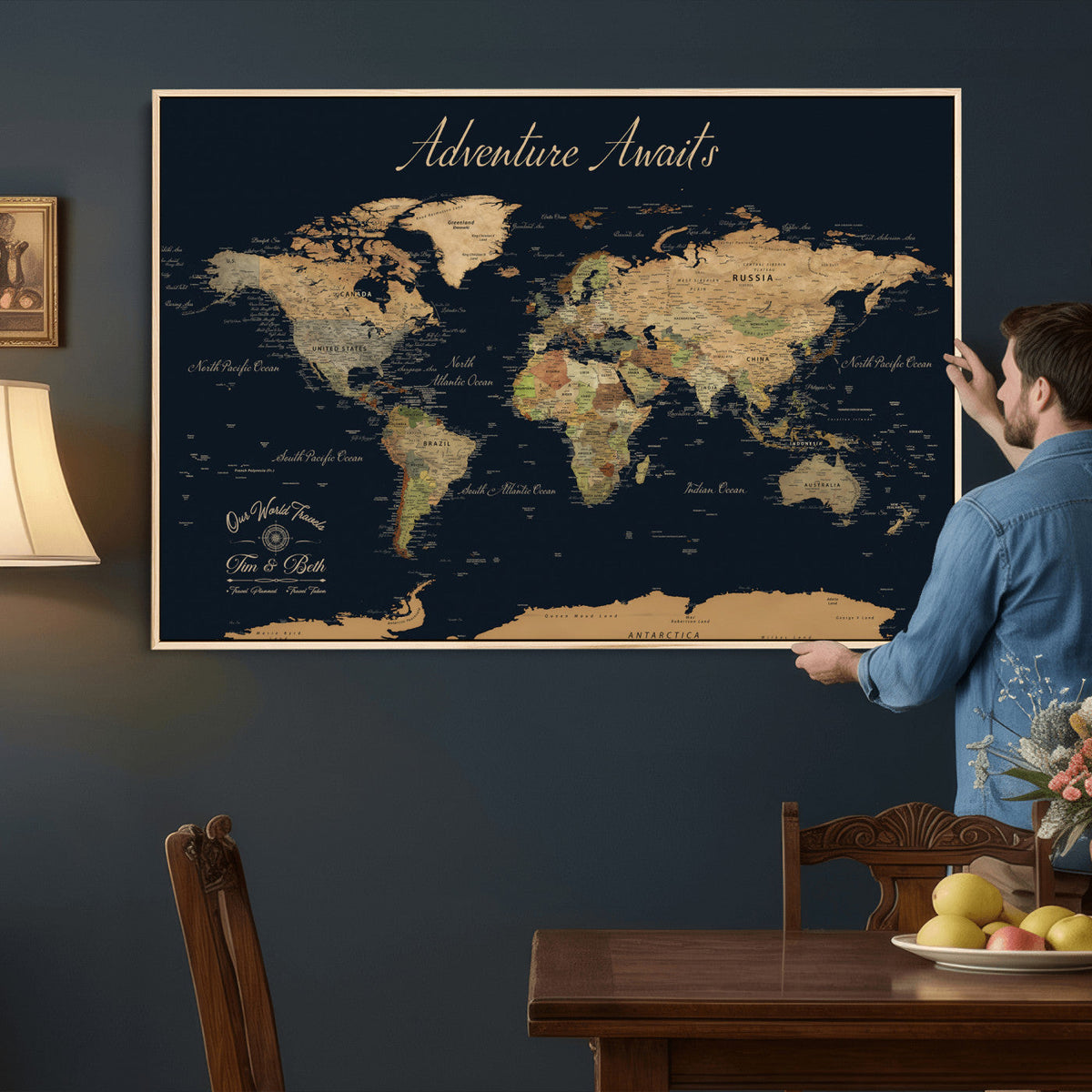 Custom Beige Push Pin World Map Wall Art, Family Travel Tracker, Home Office and Study Decor