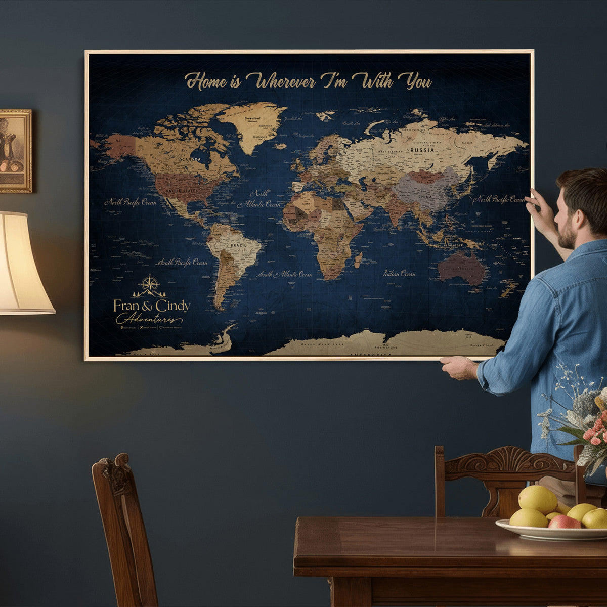 57774467-MGV-CV-36X24 - Custom Push Pin World Map Wall Art Canvas Print – Personalized Travel Tracker with Pins Framed Large for Home and Office Decor