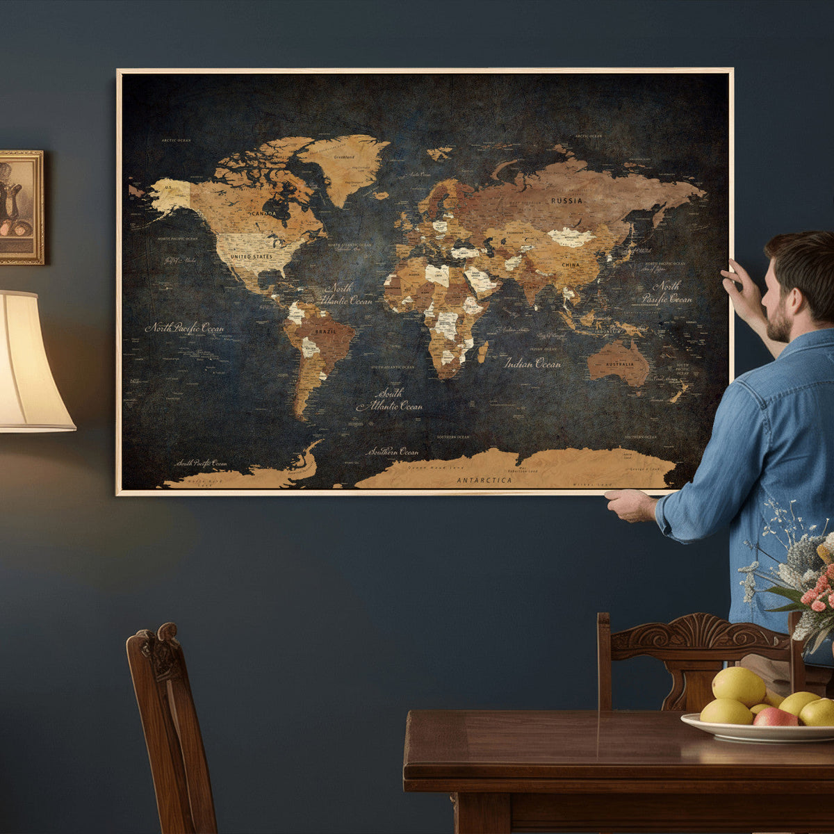 40660012D-MGV-CV-36X24 - Custom Push Pin World Map Wall Art Canvas Print – Personalized Travel Tracker with Pins Framed Large for Home and Office Decor