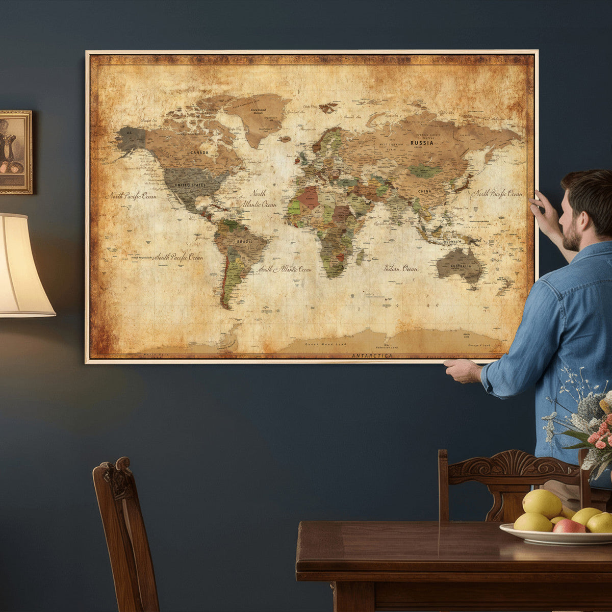 26621467D-MGV-CV-36X24 - Custom Push Pin World Map Wall Art Canvas Print – Personalized Travel Tracker with Pins Framed Large for Home and Office Decor