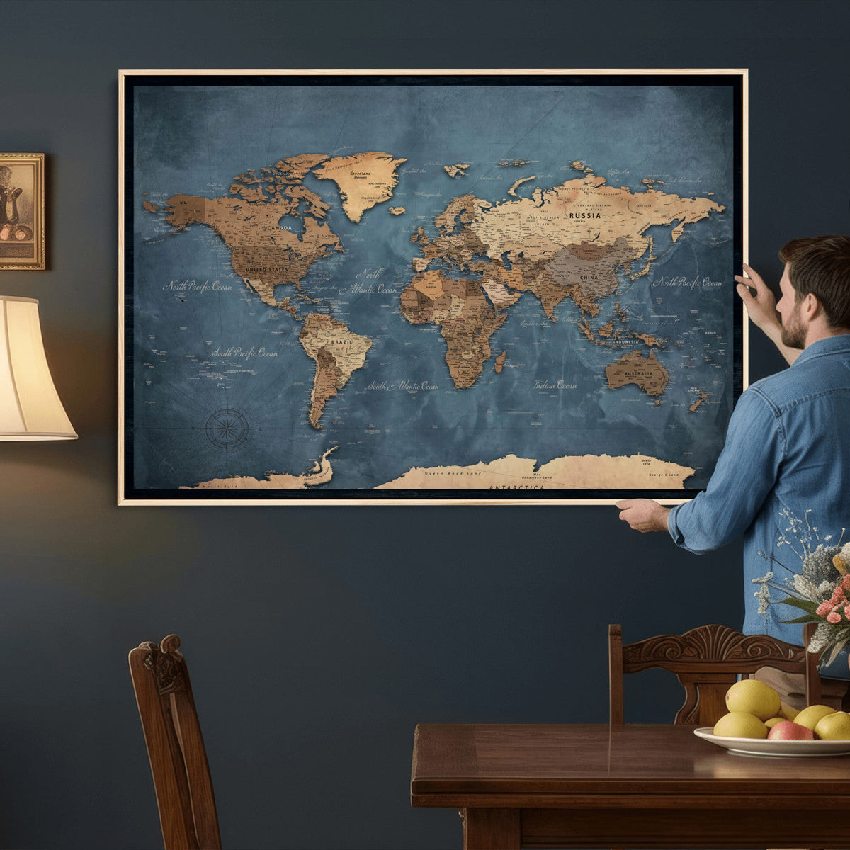 81949666D-MGV-CV-36X24 - Custom Push Pin World Map Wall Art Canvas Print – Personalized Travel Tracker with Pins Framed Large for Home and Office Decor