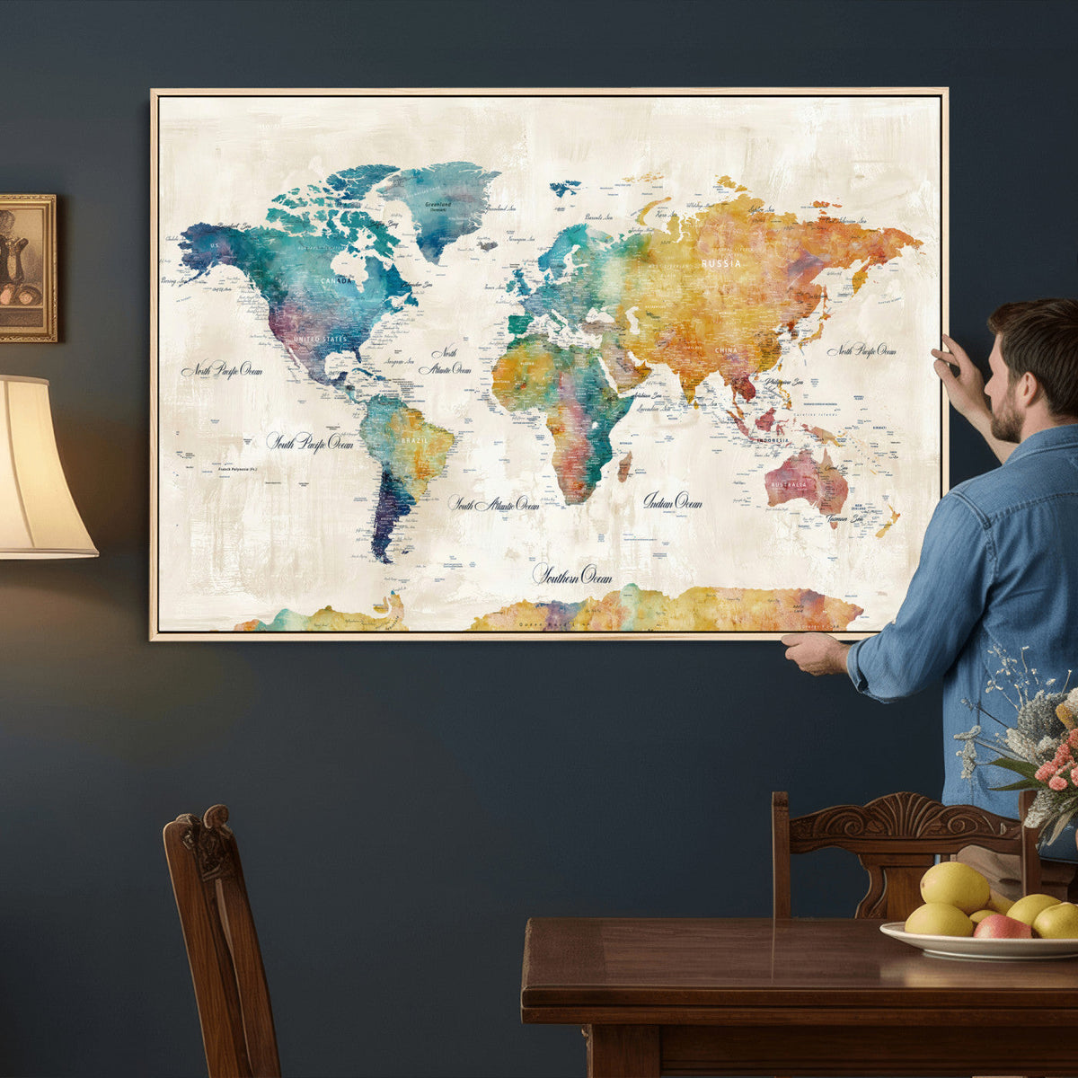 53654999D-MGV-CV-36X24 - Custom Push Pin World Map Wall Art Canvas Print – Personalized Travel Tracker with Pins Framed Large for Home and Office Decor