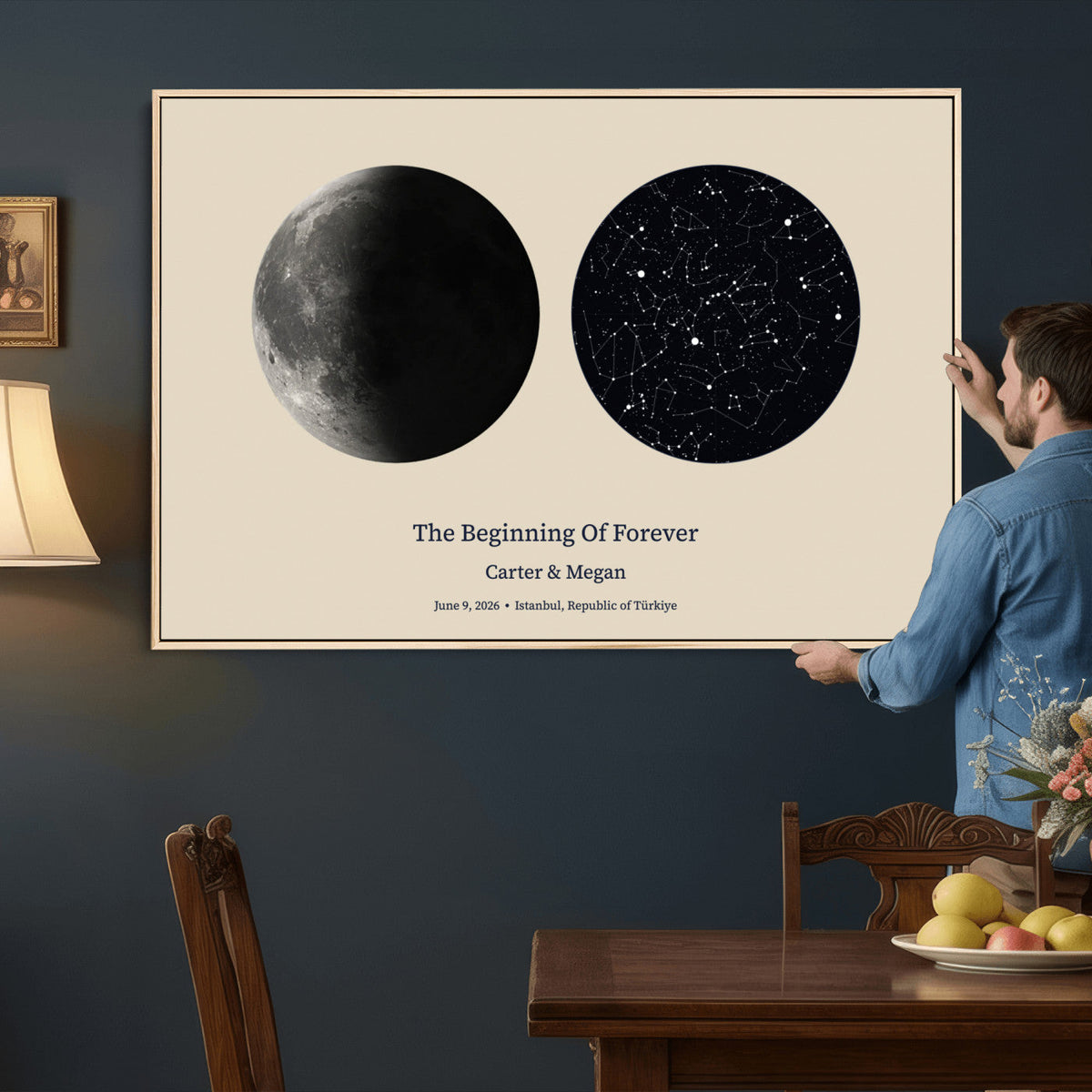CSTM914LIRIKD-MGV-CV-36X24 - Moon and Stars Canvas Print – Personalized Moon Phase and Star Map Wall Art