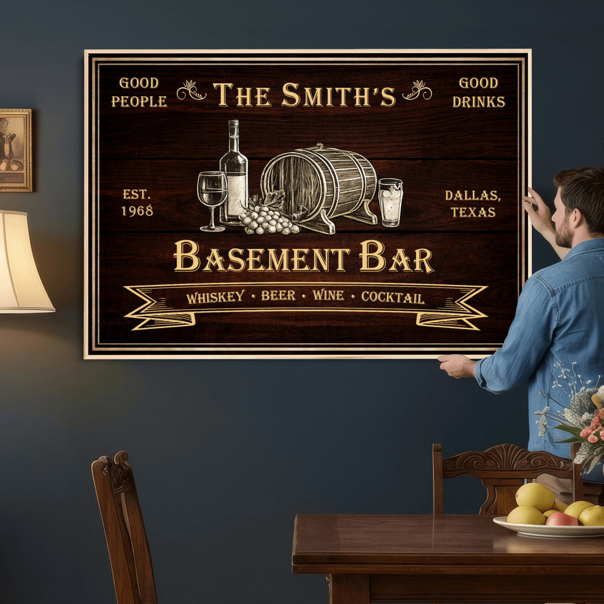 Custom Basement Bar Sign Canvas, Personalized Family Home Bar Wall Art