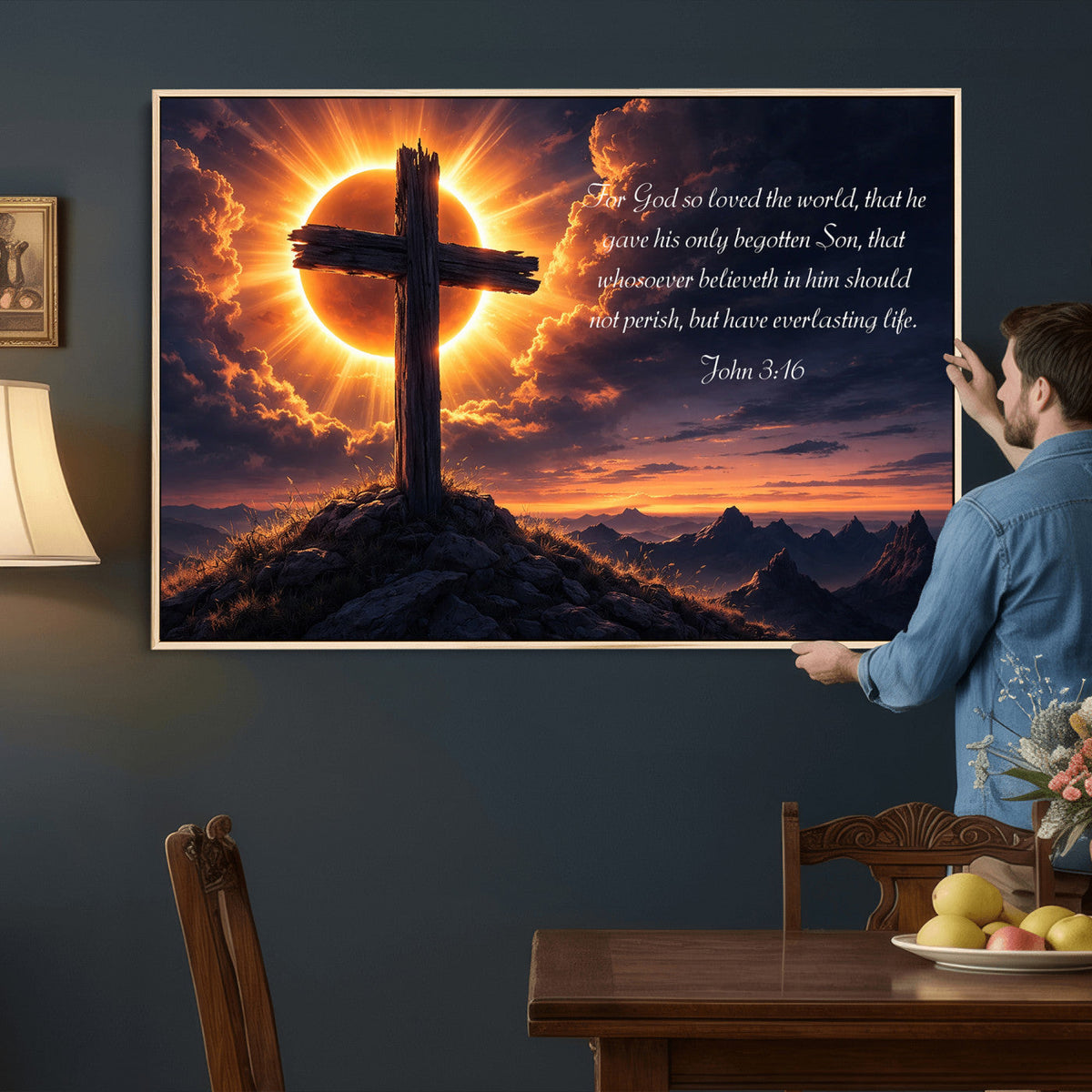 PatioSign02JSS-MGV-CV-36X24 - Custom Bible Verse Cross Canvas, Personalized Christian Wall Art