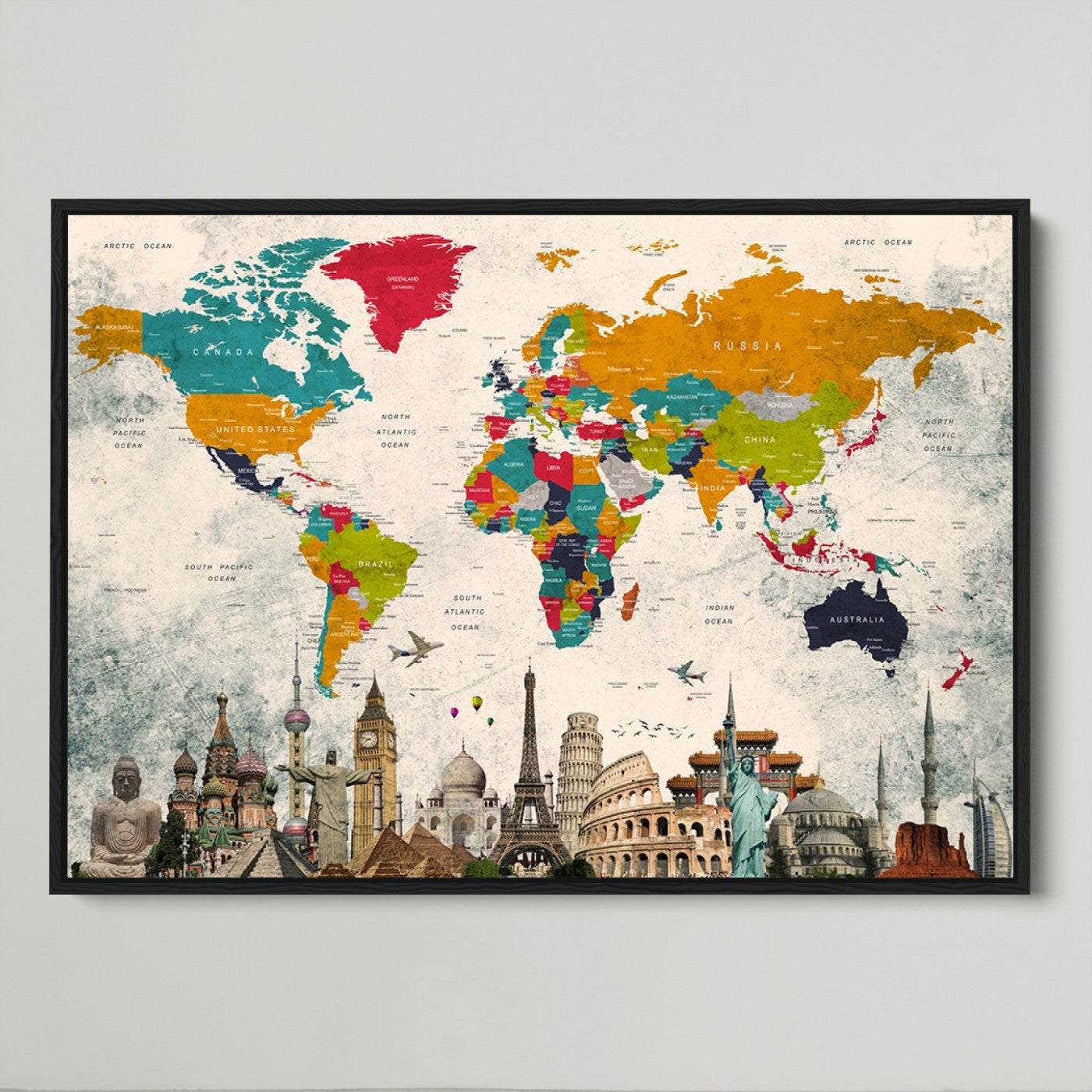 Push Pin World Map Canvas Print – Framed Wall Art for Couples to Track Their Travels – Anniversary Gift or Home Adventure Decor