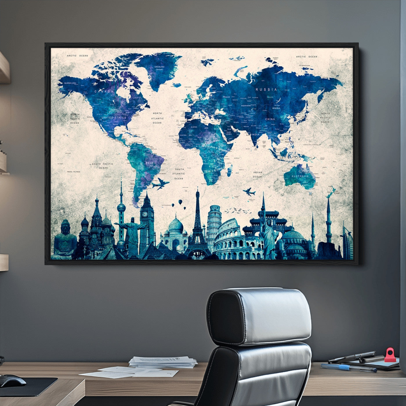 Navy Blue World Map Canvas Print, Wonder of World Map Push Pin Canvas Print