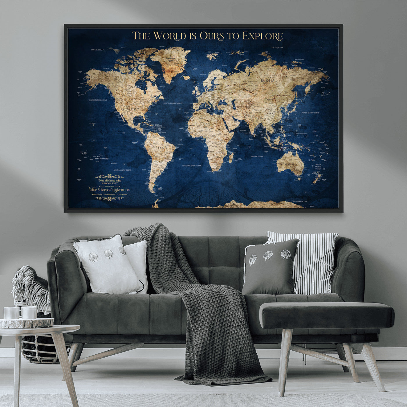 Custom World Map Wall Art – Personalized Framed Canvas Print with Push Pins for Travel Tracking, Anniversary or Couple Gift Ideas - H2-2
