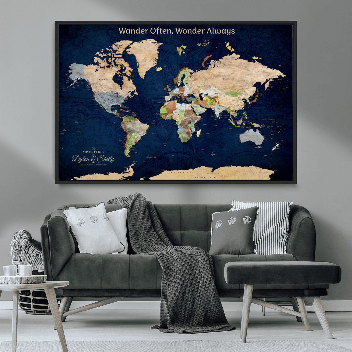 12399561-MGV-CV-30X20-Personalized World Map Print, Customizable Push Pin Framed World Map Print on Canvas - Custom Quote on Map Print