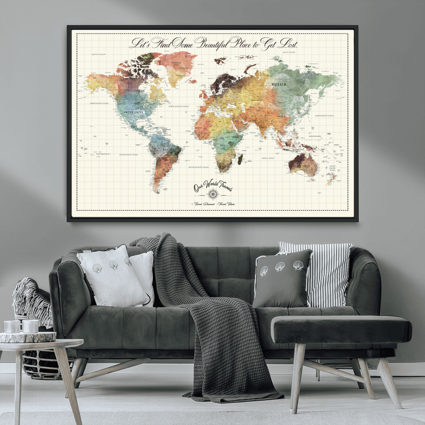 29289638-MGV-CV-36X24-Personalized World Map Print - Customizable Push Pin Framed World Map Print on Canvas - Custom Quote on Map Print