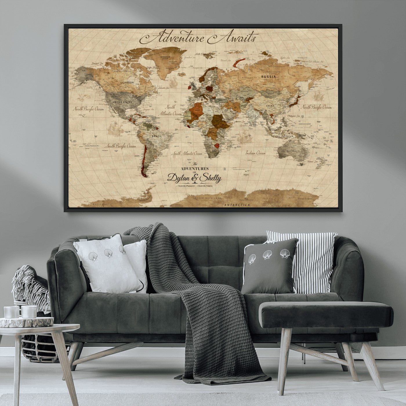 29054239-MGV-CV-36X24-Personalized World Map Print - Customizable Push Pin Framed World Map Print on Canvas - Custom Quote on Map Print