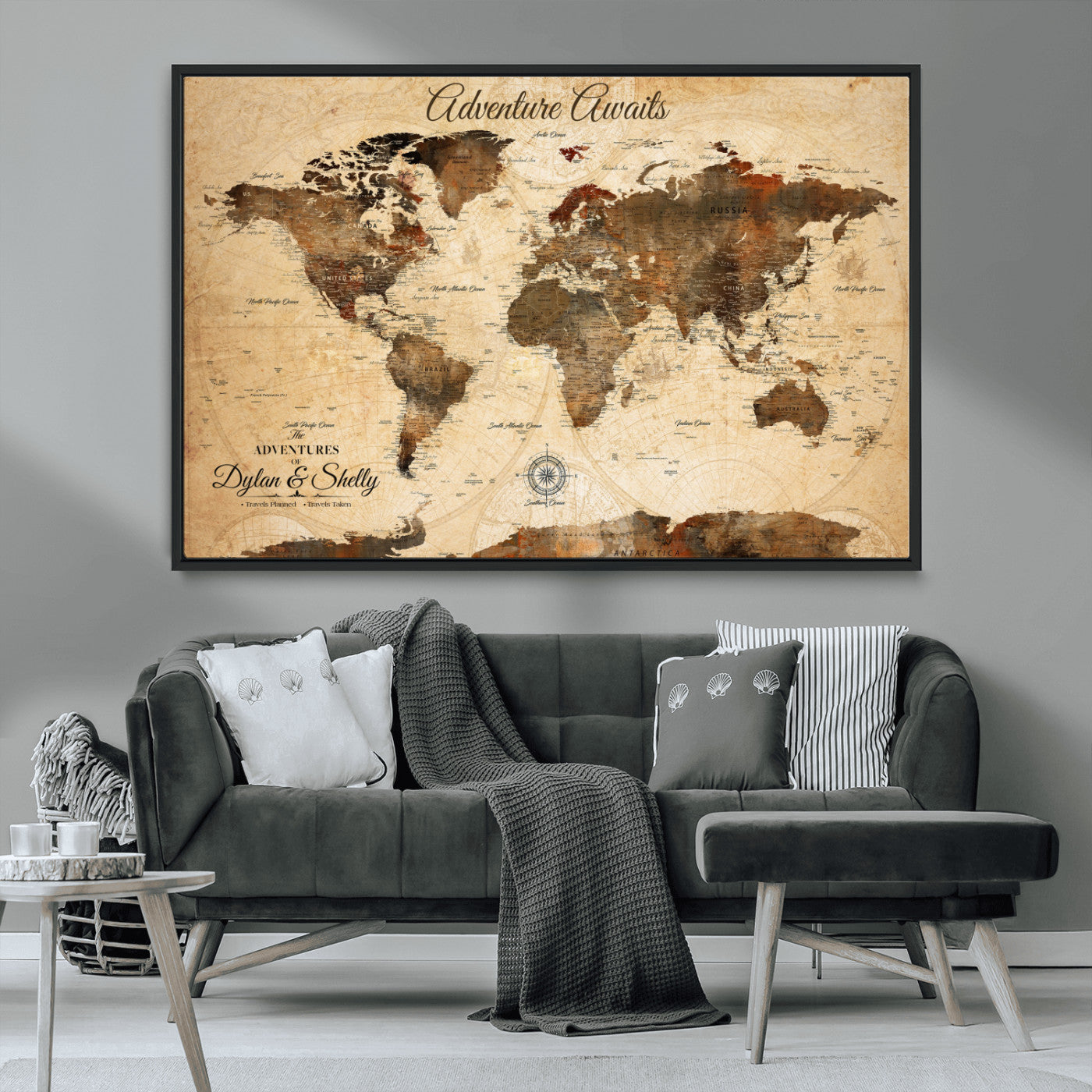66357947-MGV-CV-36X24-Personalized World Map Print, Customizable Push Pin Framed World Map Print on Canvas - Custom Quote on Map Print
