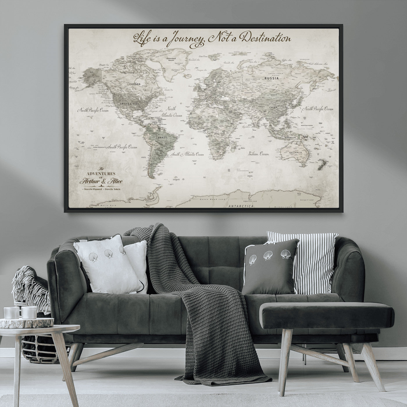 Custom Push Pin World Map Wall Canvas Print – Personalized Travel Tracker with Pins – Framed Custom Quotie Canvas for Home Office Decor