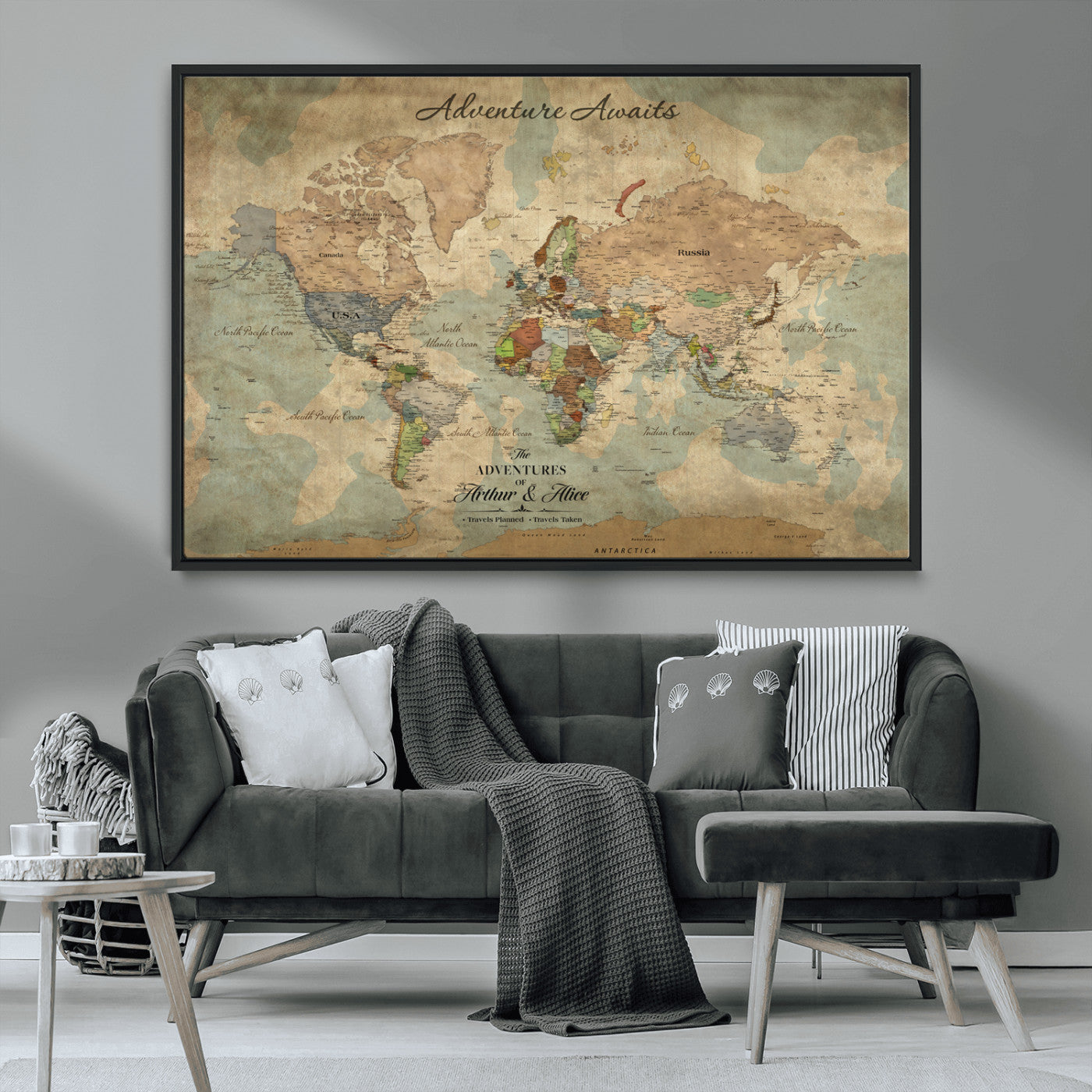 60798273-MGV-FC-30X20_Black-Custom Push Pin World Map Wall Canvas Print – Personalized Travel Tracker with Pins – Framed Custom Quotie Canvas for Home Office Decor