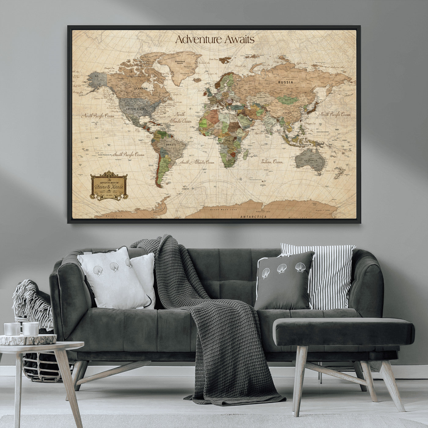 33020399-MGV-FC-30X20_Black-Custom Push Pin World Map Wall Canvas Print – Personalized Travel Tracker with Pins – Framed Custom Quotie Canvas for Home Office Decor