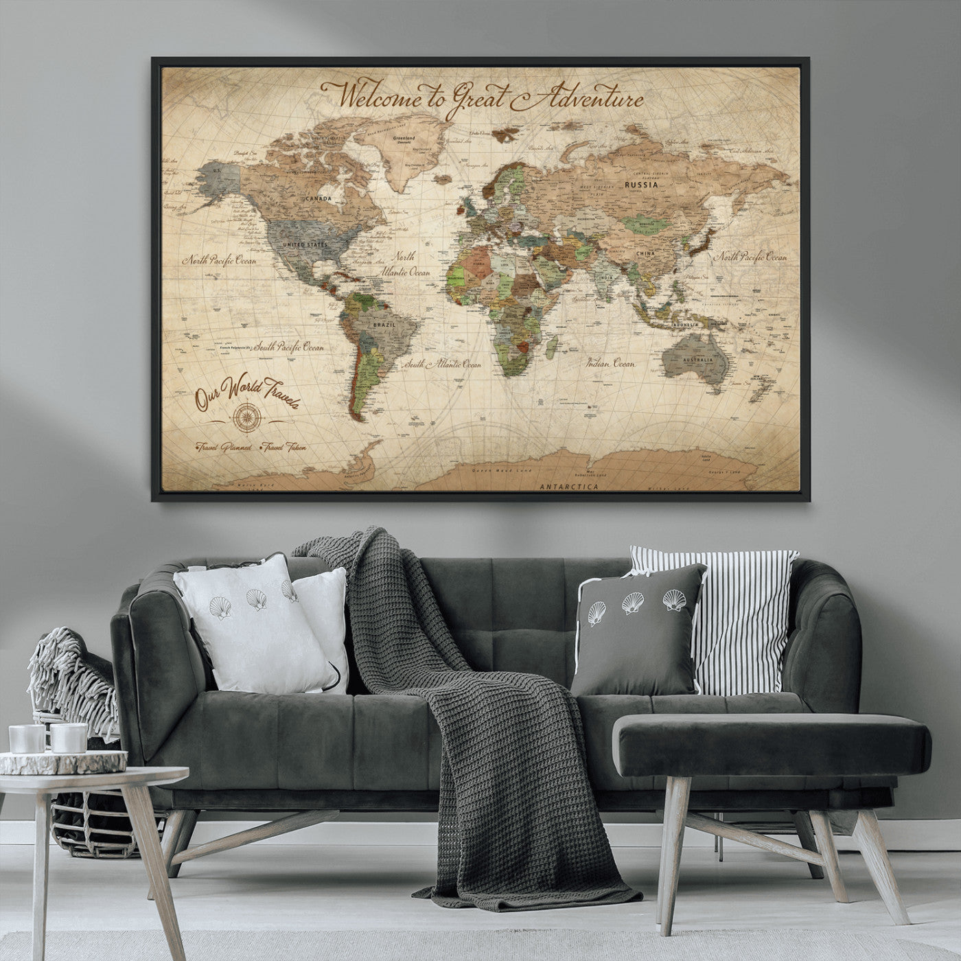 76478536-MGV-FC-30X20_Black-Custom Push Pin World Map Wall Canvas Print – Personalized Travel Tracker with Pins – Framed Custom Quotie Canvas for Home Office Decor