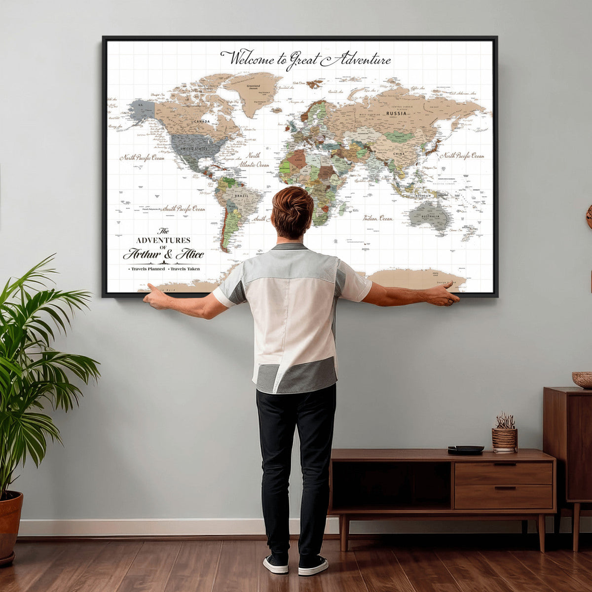 85396539-MGV-CV-36X24 - Custom Beige Push Pin World Map Wall Art, Bucket List Map, Study and Hallway Decor