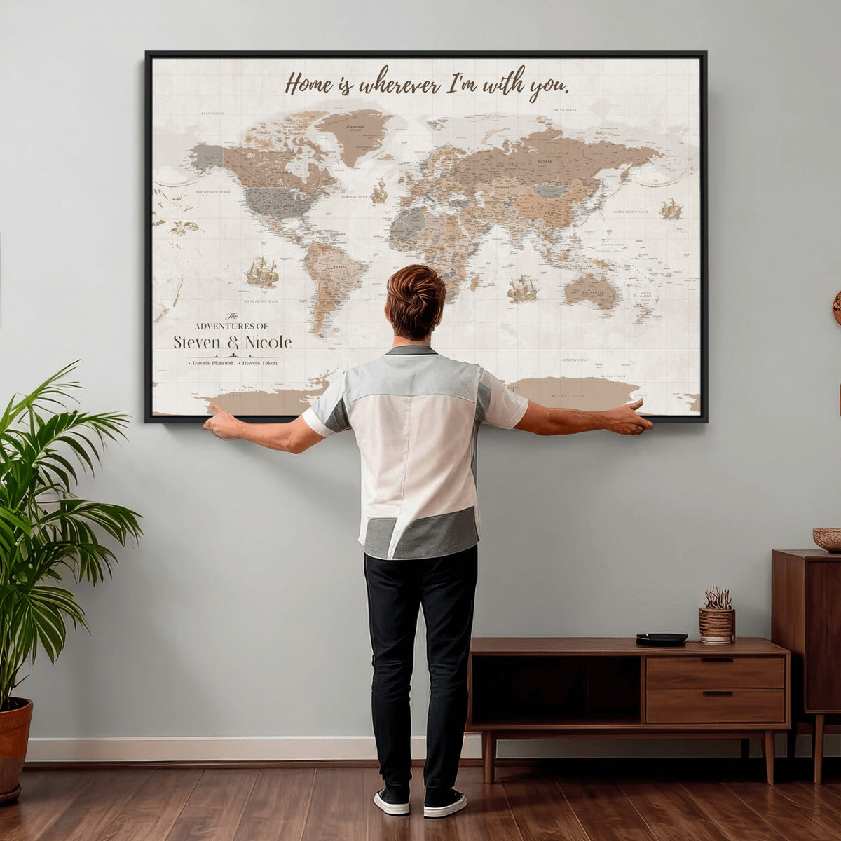Personalized Push Pin Travel Map Canvas Print, Honeymoon and Anniversary Gift, Family Room and Hallway Decor
