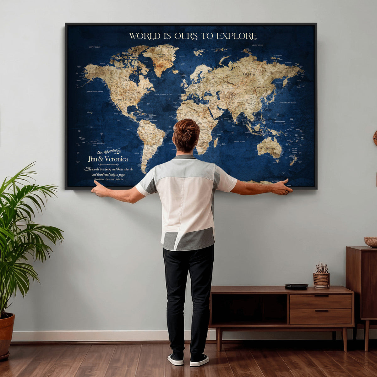 35296308-MGV-CV-36X24 - Custom Push Pin World Map Wall Art Canvas Print | Personalized Travel Tracker with Pins Framed Large for Home and Office Decor