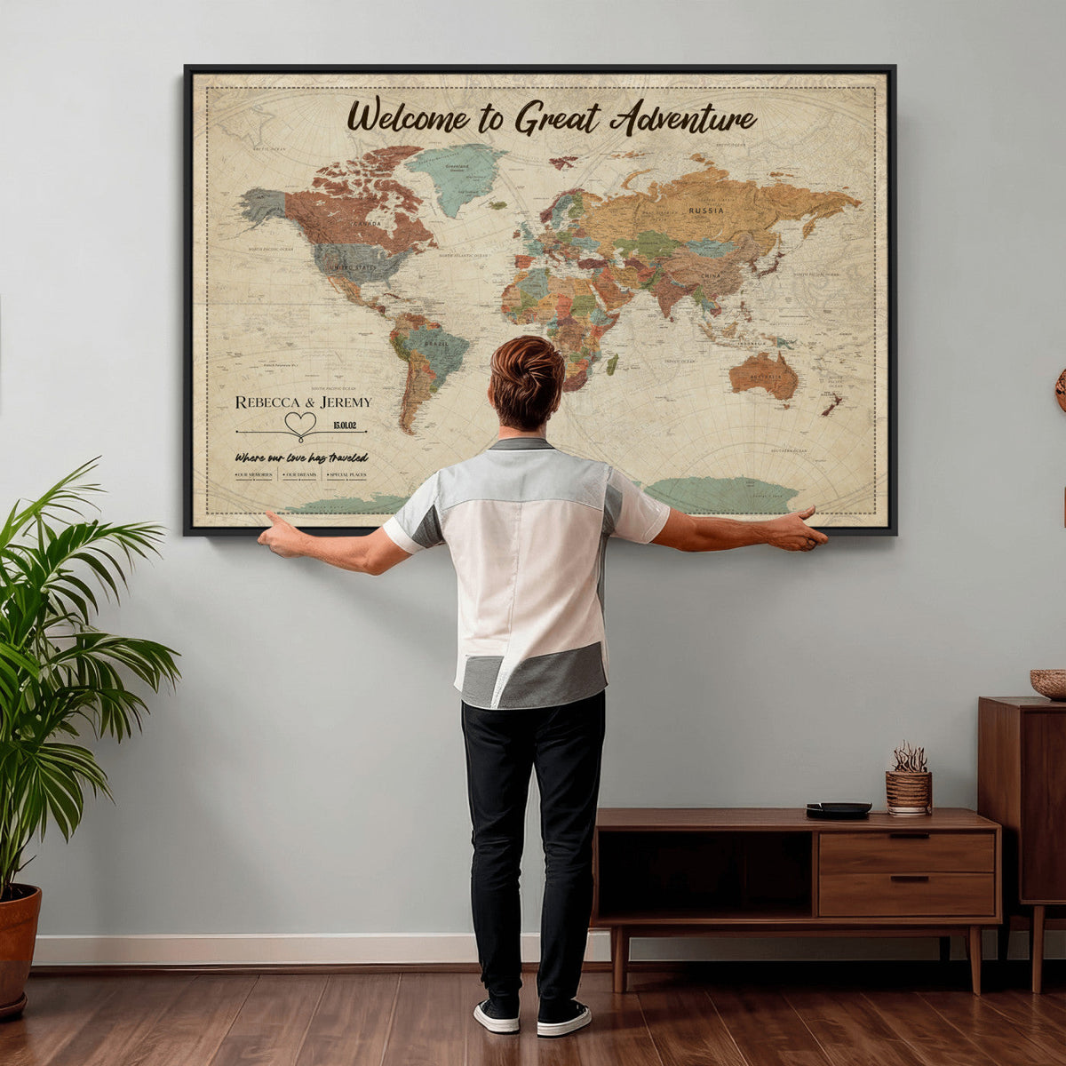 Large Personalized Beige Minimalist Push Pin World Map Wall Art, Next Trip Planner Map, Bedroom and Home Office Decor