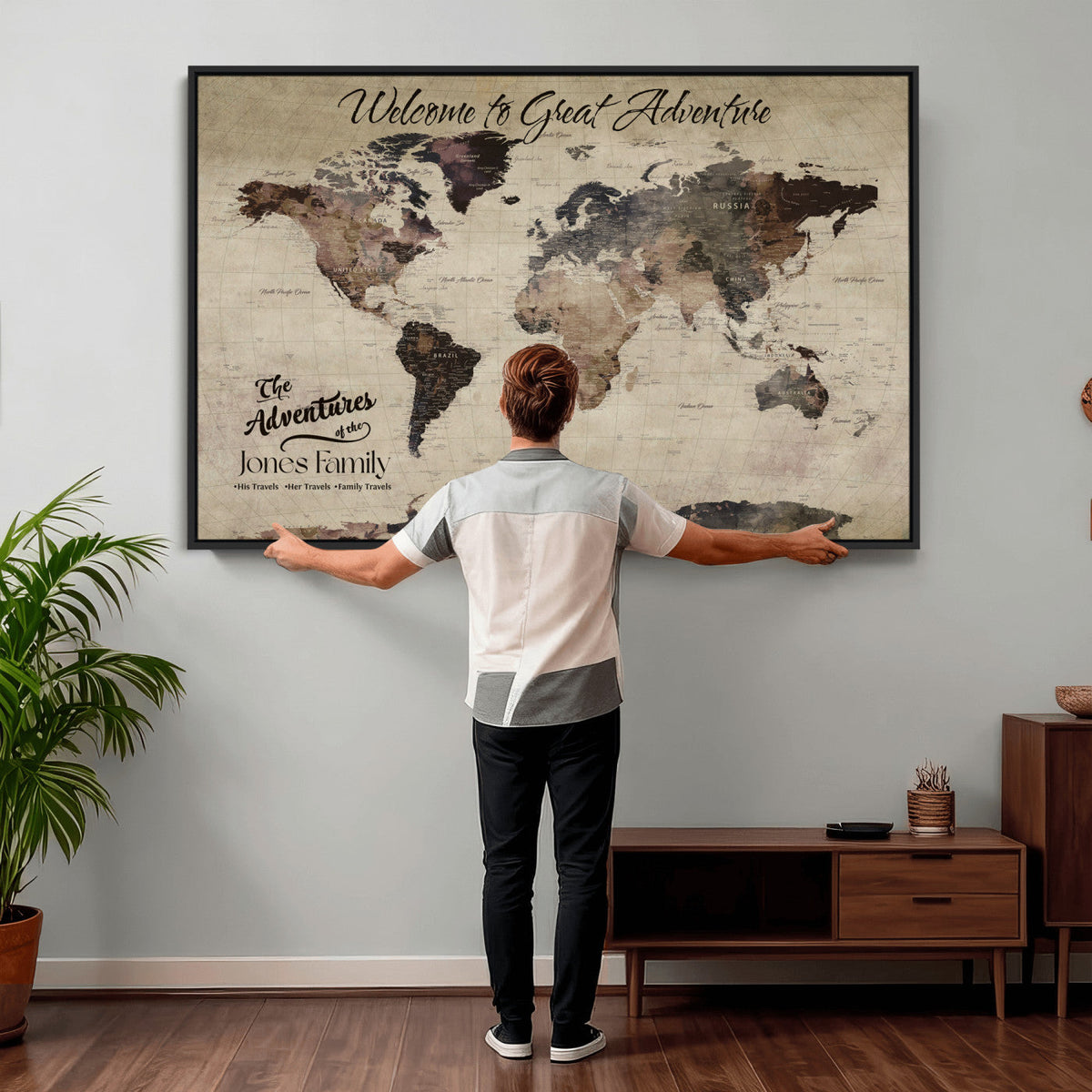 Custom Beige Modern Push Pin World Map Wall Art, Honeymoon and Anniversary Gift, Dining Room and Study Decor