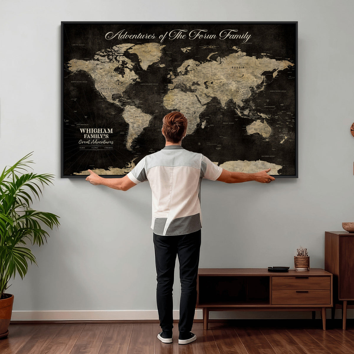 Personalized Framed Black Modern World Map Canvas with Push Pins, Next Trip Planner Map, Dining Room and Home Office Decor
