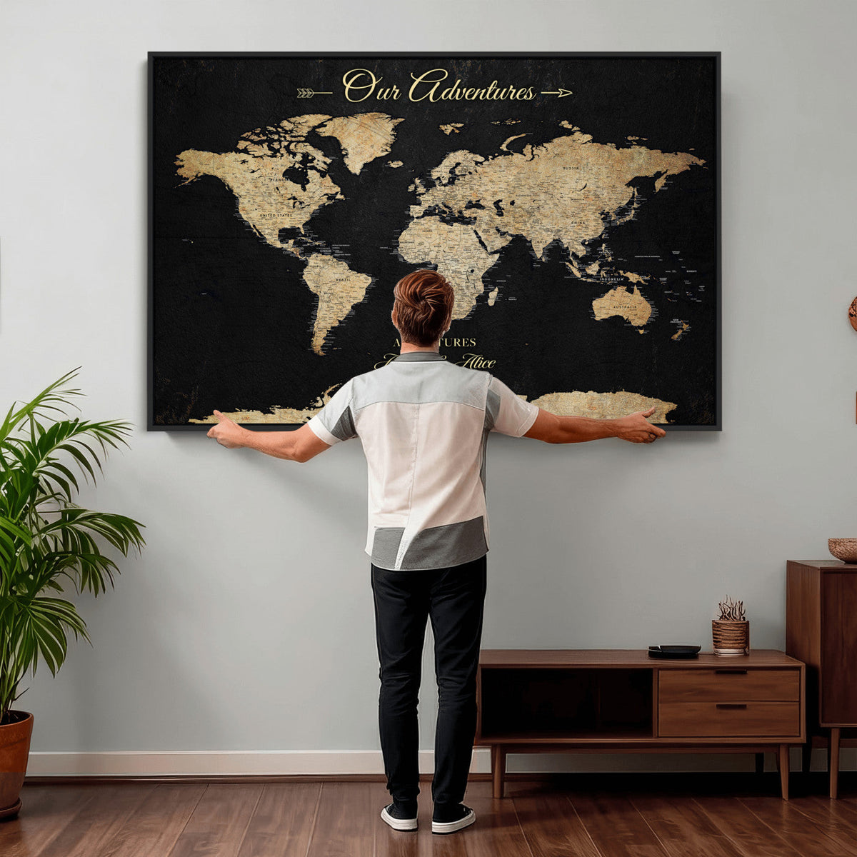 Personalized Framed Beige Push Pin World Map Canvas Print, Family Travel Tracker, Bedroom and Home Office Decor