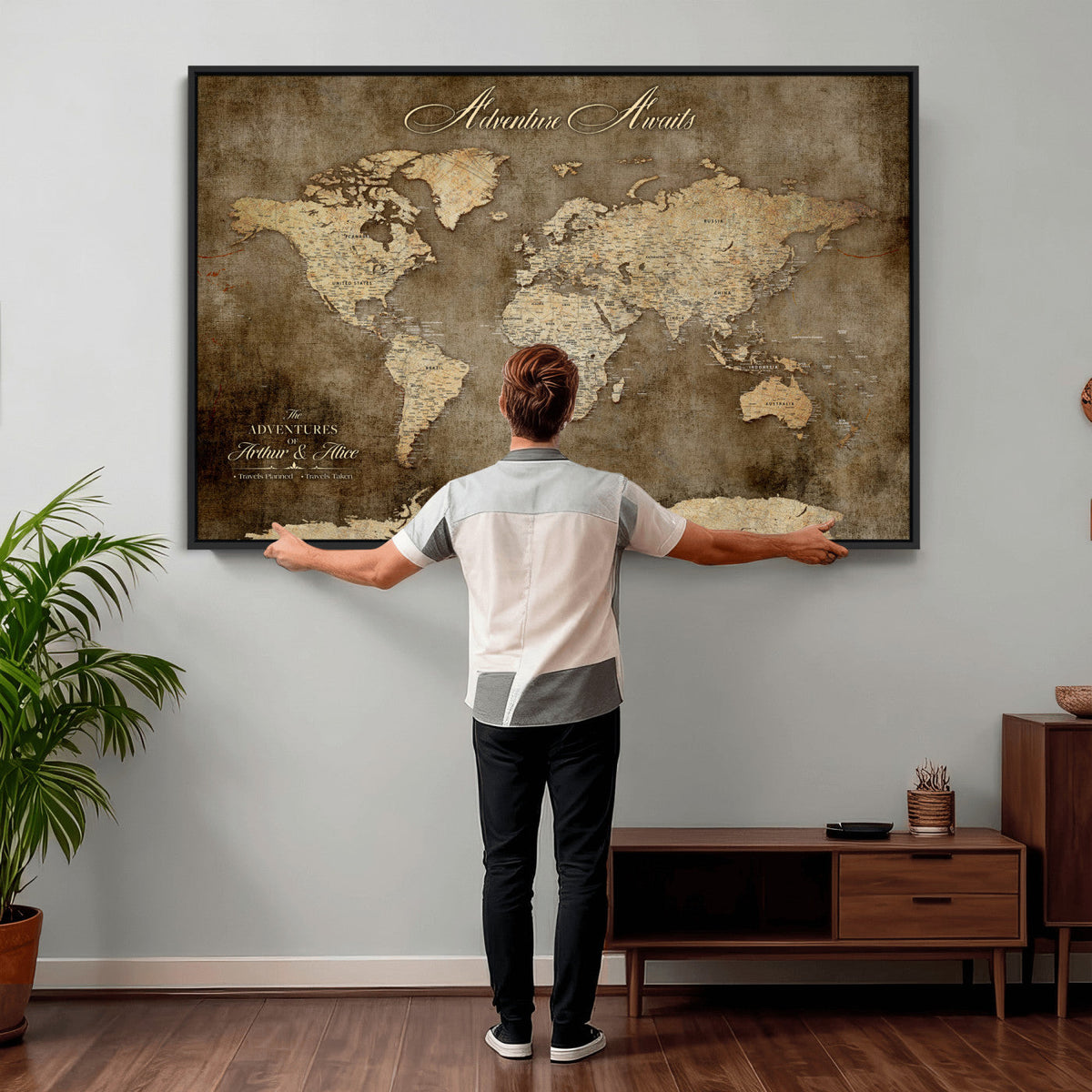 Personalized Framed Beige Push Pin Travel Map Canvas Print, Bucket List Map, Bedroom and Study Decor