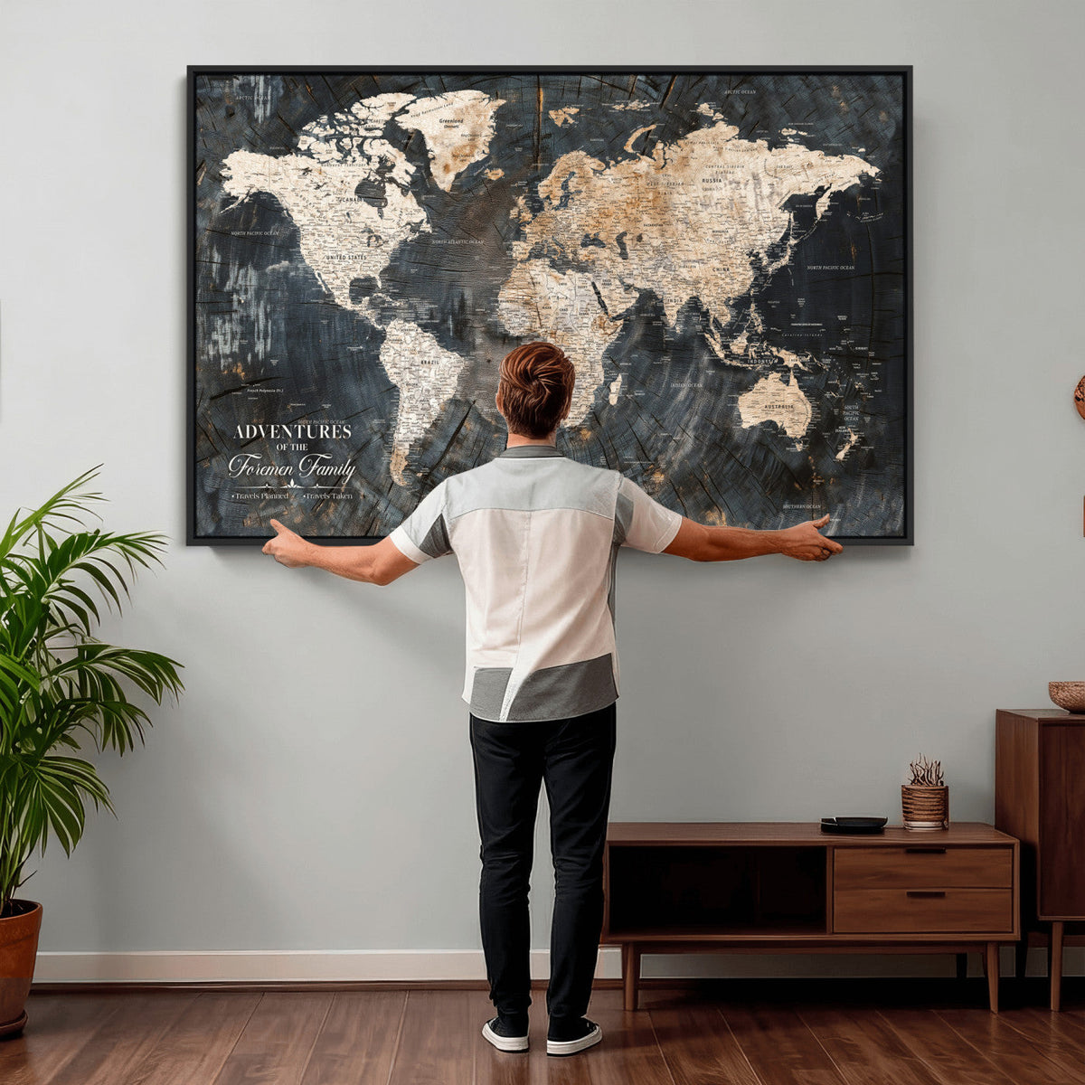 Personalized Framed Beige Push Pin World Map Canvas Print, Bucket List Map, Living Room and Hallway Decor
