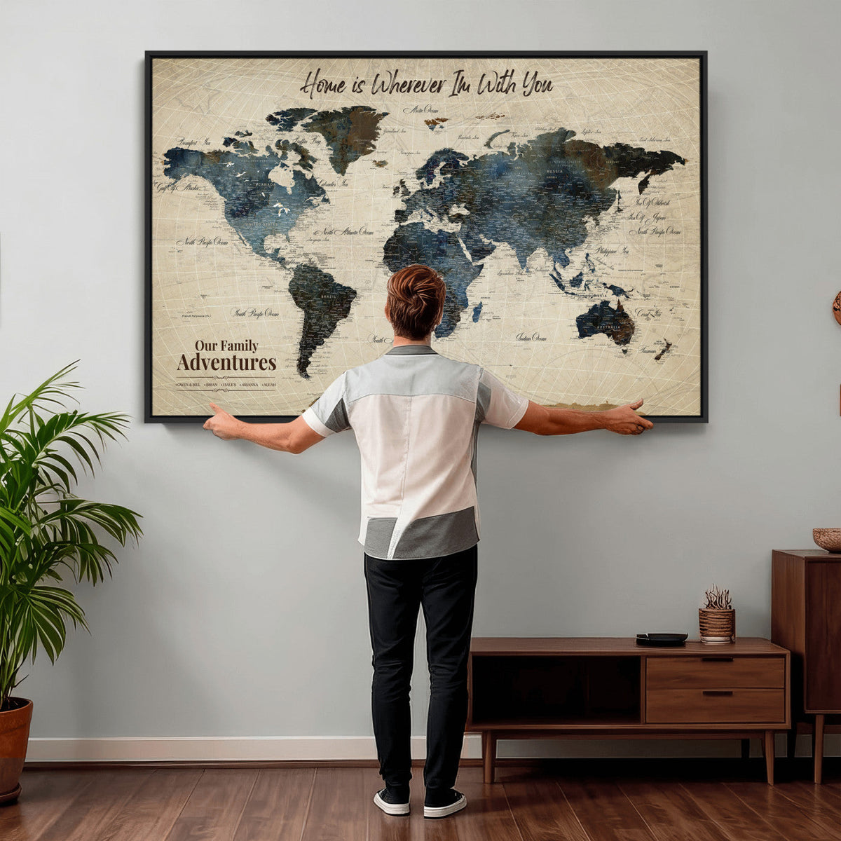 Personalized Framed Black Modern Push Pin Travel Map Canvas Print, Family Travel Tracker, Home Office and Entryway Decor