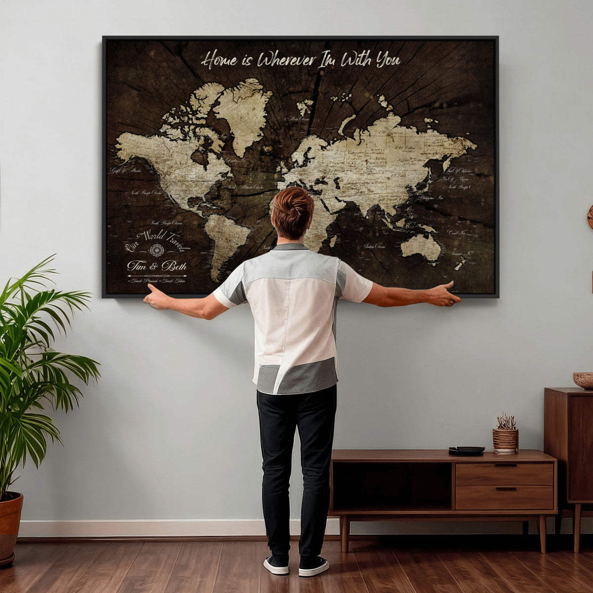 Personalized Watercolor Push Pin World Map Canvas Wall Art, Custom Framed Travel Map - NEWMAP-094