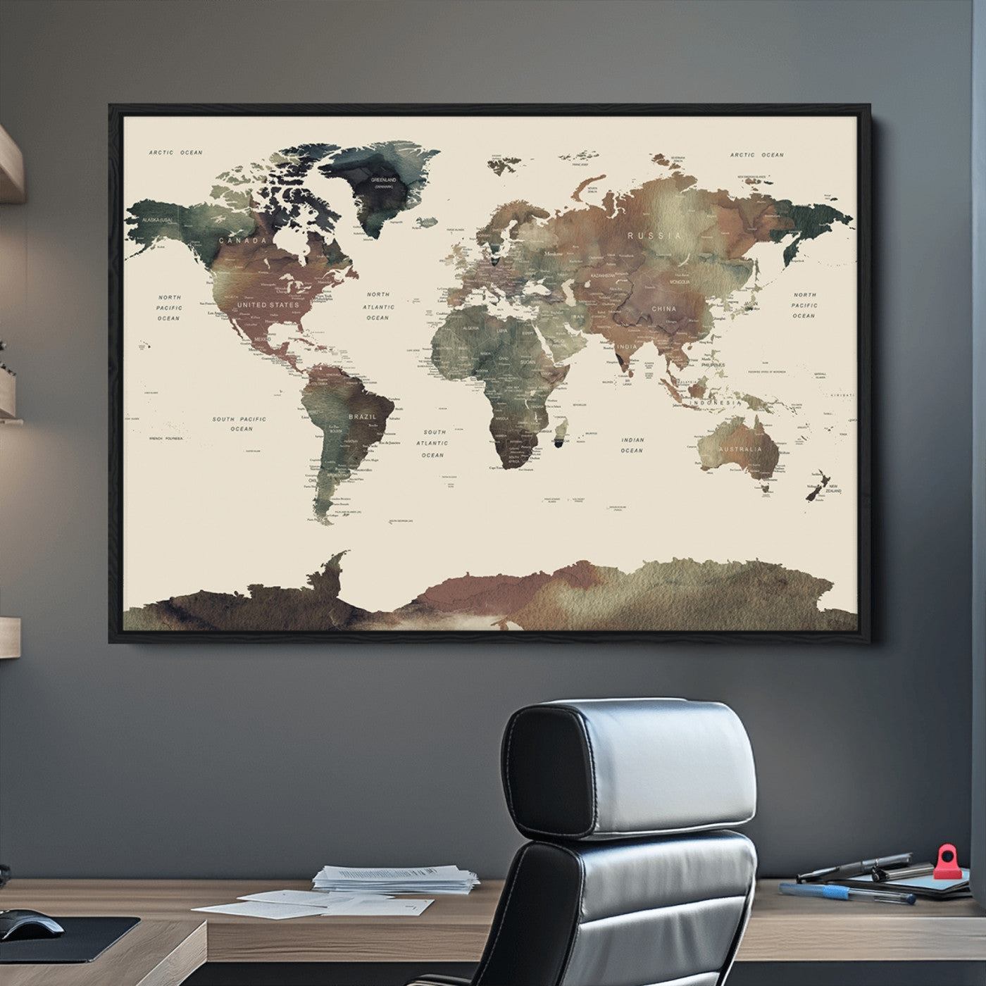 Push Pin World Map Canvas Print – Framed Wall Art for Couples to Track Their Travels – Anniversary Gift or Home Adventure Decor