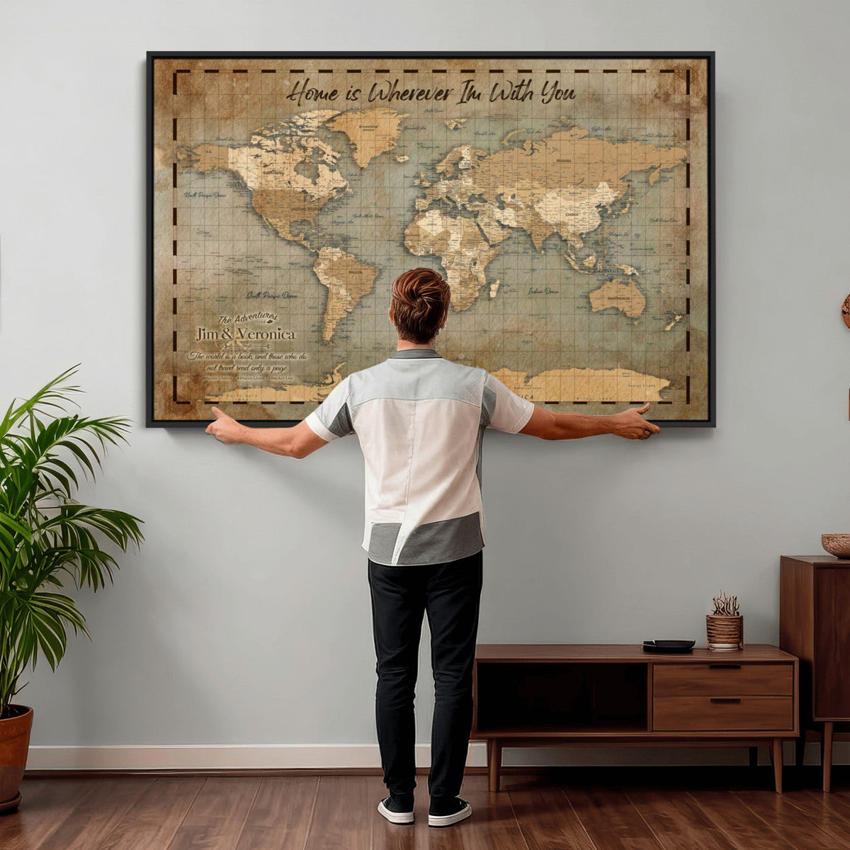97123877-MGV-CV-36X24 - Vintage Custom Push Pin World Map Print | Vintage Travel Map Canvas, Personalized Names Anniversary Gift, Places Visited Pin Board