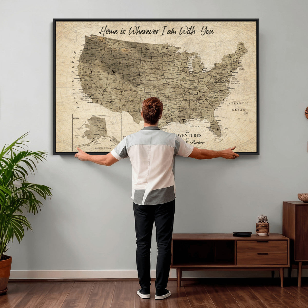 25440520-MGV-CV-36X24 - Detailed Personalized Push Pin United States Map Wall Art, States Visited Map, Office and Hallway Decor
