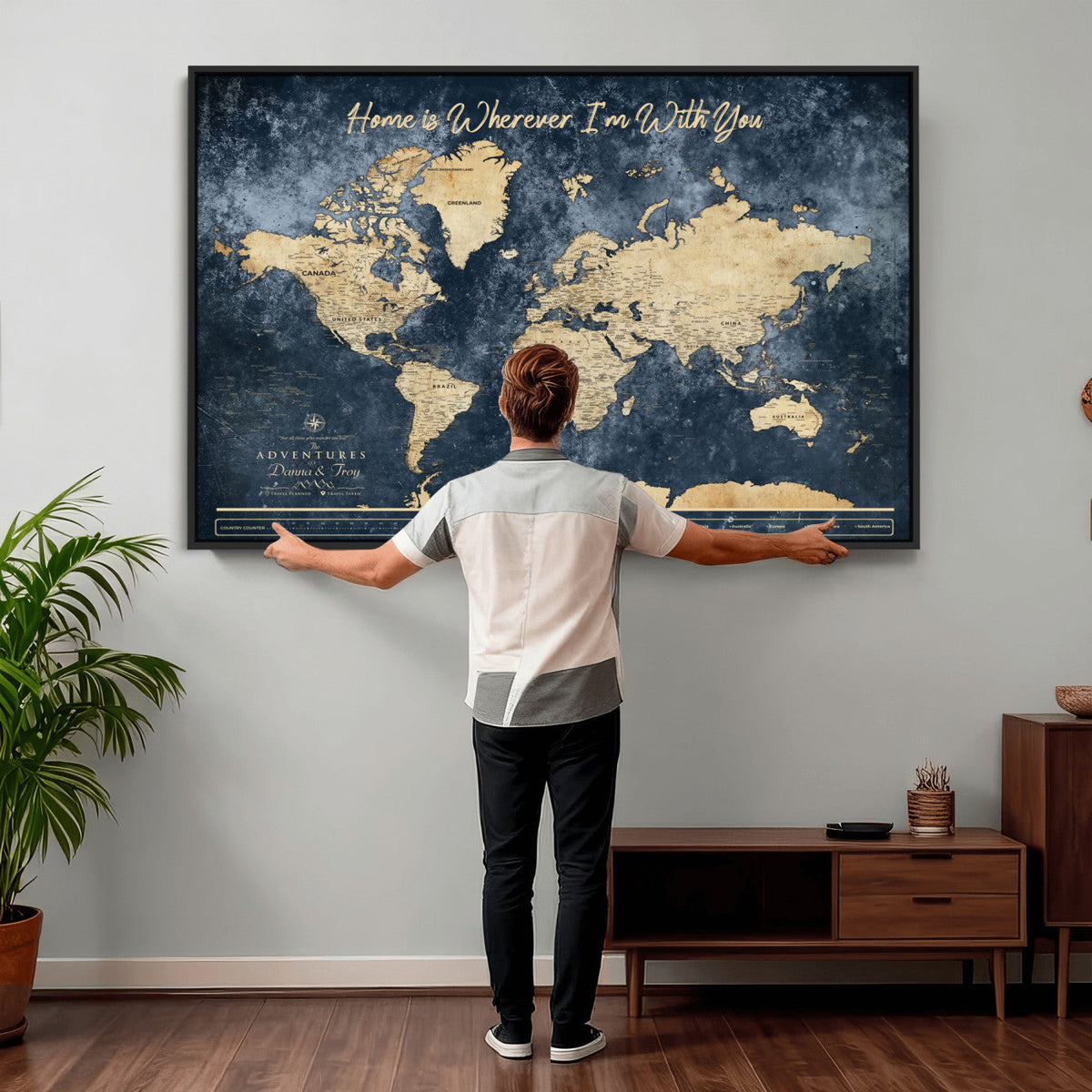 400867BL-MGV-CV-36X24 - Framed Blue Custom Push Pin World Map Canvas Print | Personalized Travel Map Wall Art