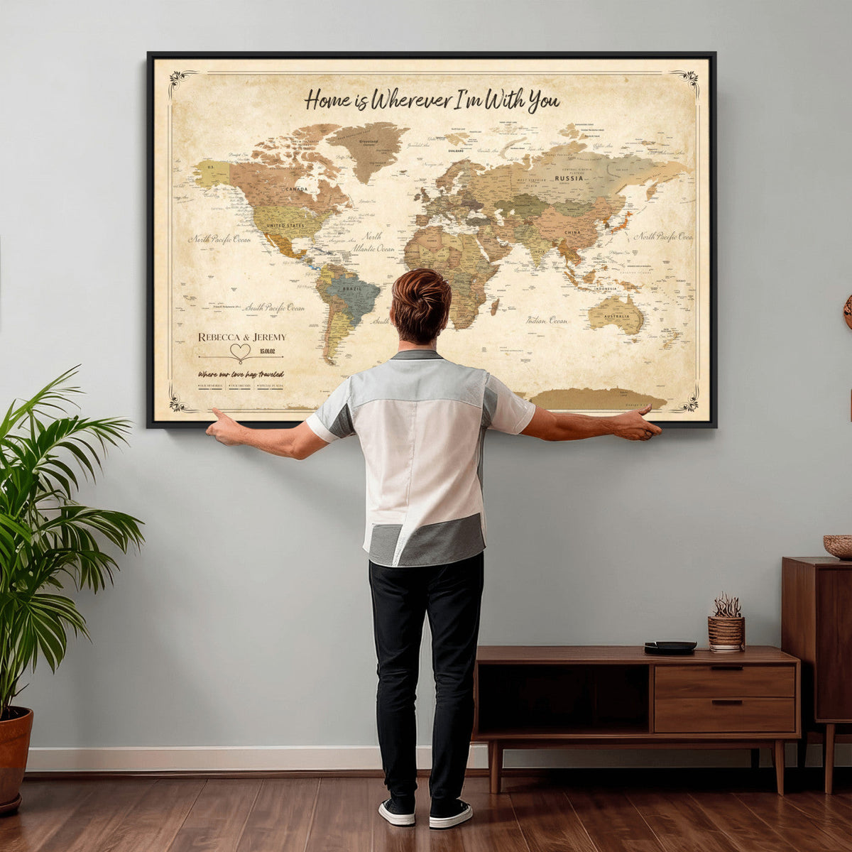 40086165SP-MGV-CV-36X24 - Custom Push Pin Travel Map Canvas Print, Cream Personalized Travel Tracker Map, Anniversary Gift, Vintage World Map Wall Art