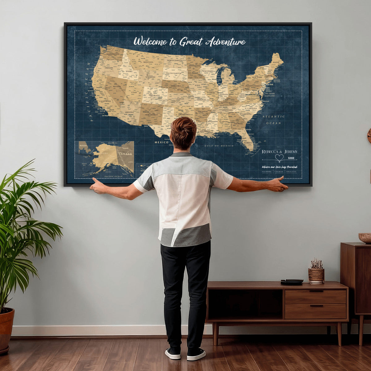 58851035-MGV-CV-36X24 - Custom Cream Push Pin USA Map Canvas Print, 50 State Bucket List Map, Family Room and Hallway Decor