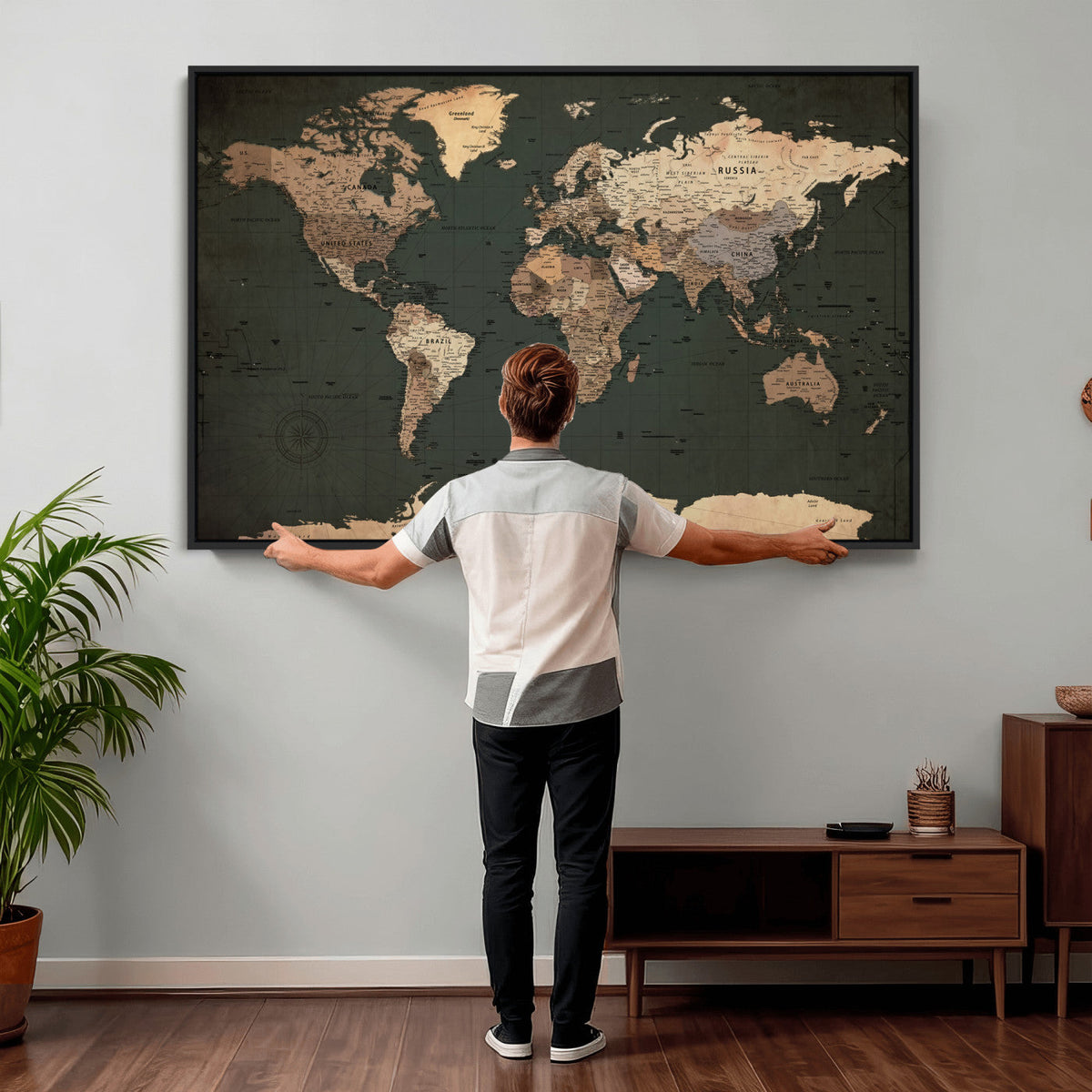 42327656-MGV-CV-36X24 - Extra Large Framed Personalize Push Pin World Map Wall Art Canvas Print for Travel Tracking - NEWMAP-116