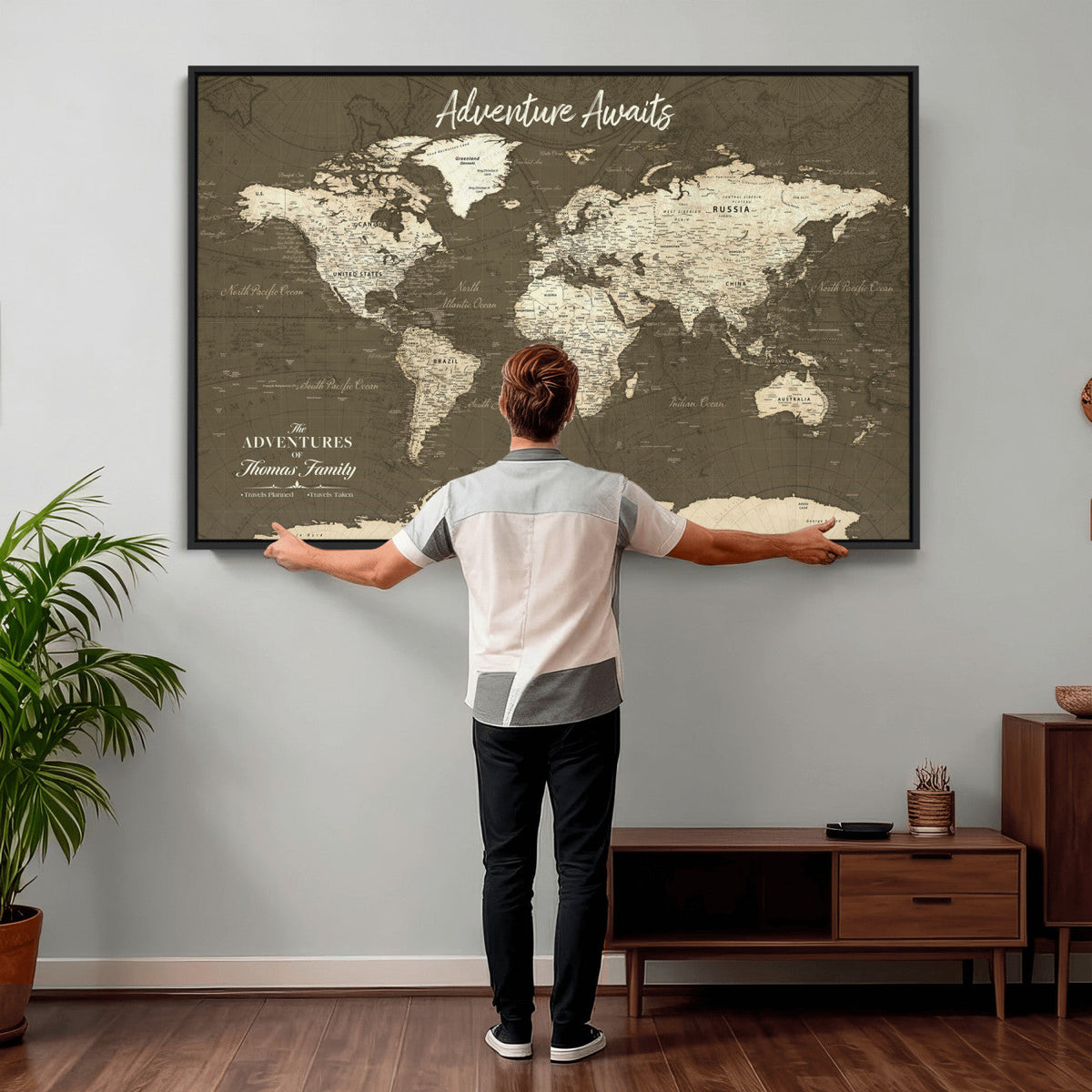 Personalized White Modern World Travel Map Wall Art with Pins, Honeymoon and Anniversary Gift, Living Room and Dining Room Decor