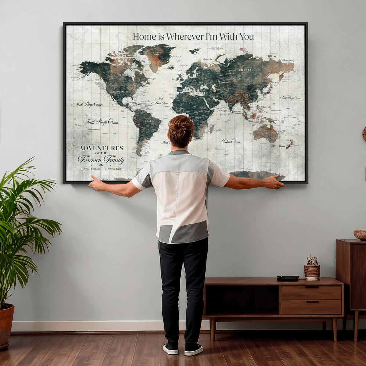 Personalized Framed Beige Push Pin Travel Map Canvas Print, Family Travel Tracker, Home Office and Hallway Decor