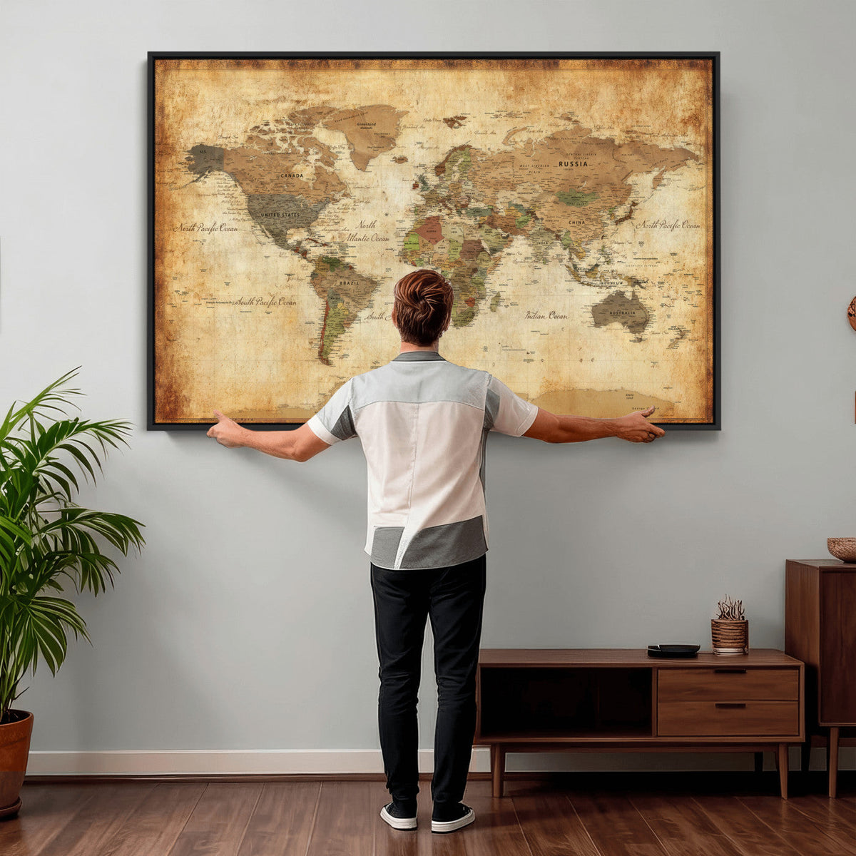 26621467D-MGV-CV-36X24 - Custom Push Pin World Map Wall Art Canvas Print – Personalized Travel Tracker with Pins Framed Large for Home and Office Decor