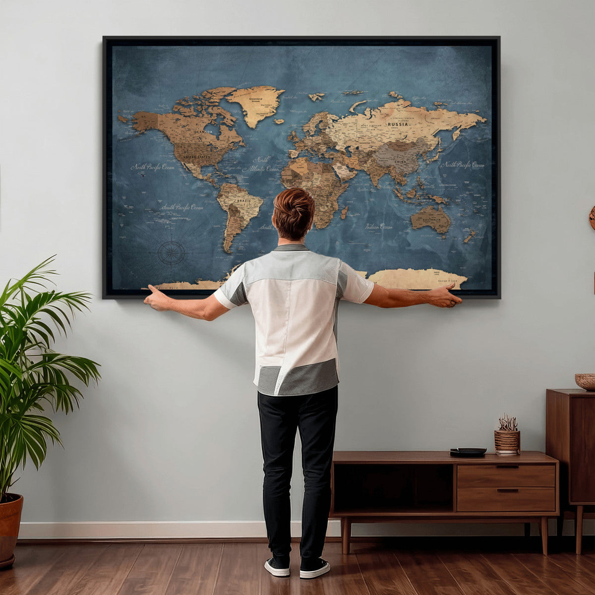 81949666D-MGV-CV-36X24 - Custom Push Pin World Map Wall Art Canvas Print – Personalized Travel Tracker with Pins Framed Large for Home and Office Decor