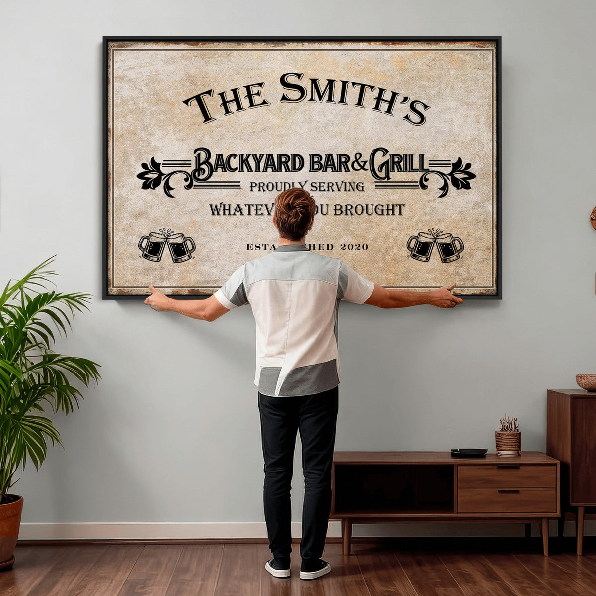 Custom Backyard Bar & Grill Sign, Personalized Family Name Arch Canvas