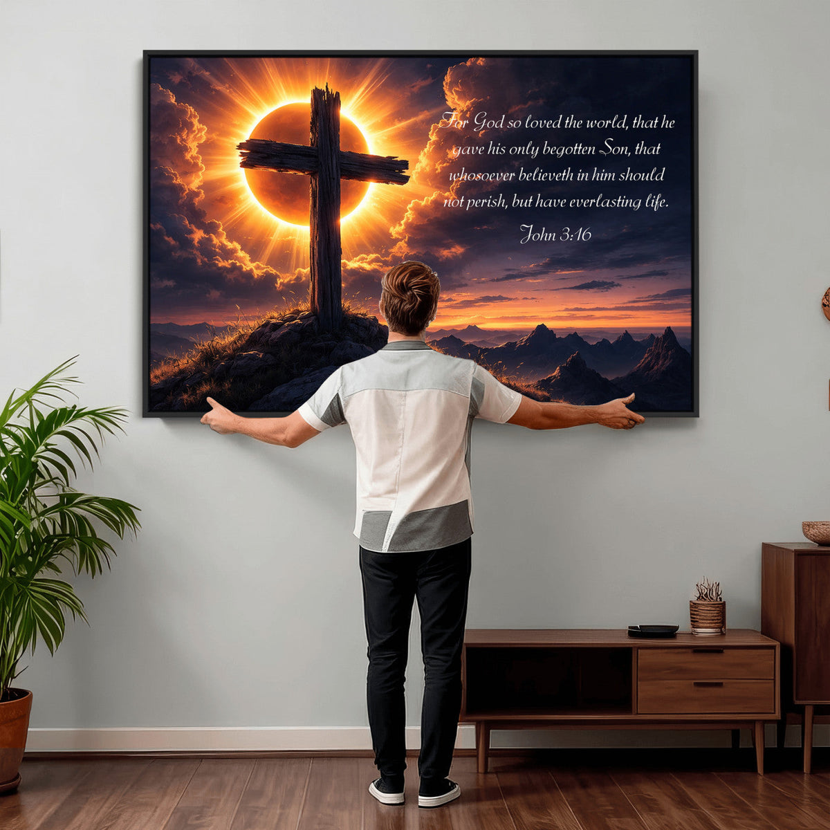 PatioSign02JSS-MGV-CV-36X24 - Custom Bible Verse Cross Canvas, Personalized Christian Wall Art